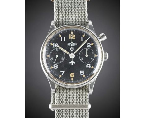 A GENTLEMAN'S STAINLESS STEEL BRITISH MILITARY LEMANIA SINGLE BUTTON ROYAL NAVY PILOTS CHRONOGRAPH WRIST WATCHCIRCA 1950s, SE