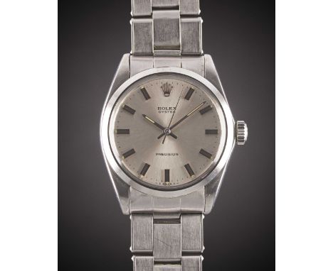 A GENTLEMAN'S STAINLESS STEEL ROLEX OYSTER PRECISION BRACELET WATCHCIRCA 1969, REF. 6426 SILVER DIAL WITH WIDE BATONSMovement