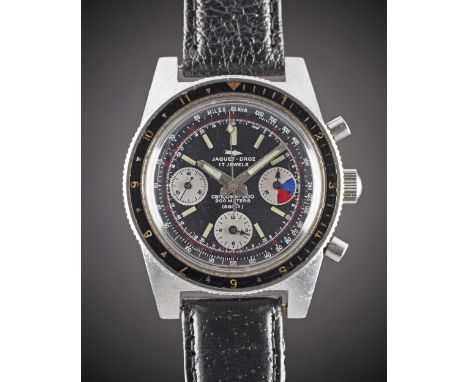 A GENTLEMAN'S STAINLESS STEEL JAQUET DROZ CARIBBEAN 200 DIVERS CHRONOGRAPH WRIST WATCH
CIRCA 1970, REF. 2003 WITH VALJOUX 72 