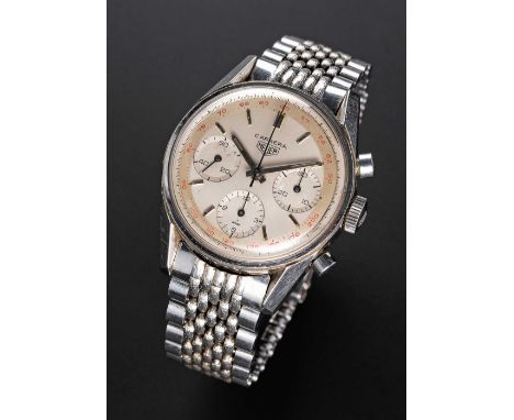 A RARE GENTLEMAN'S STAINLESS STEEL HEUER CARRERA CHRONOGRAPH BRACELET WATCHCIRCA 1960s, REF. 2447T WITH TWO TONE SILVER DIAL 