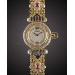 A LADIES 18K SOLID GOLD, DIAMOND, SAPPHIRE & RUBY TABBAH BERET BRACELET WATCH CIRCA 1990s, WITH