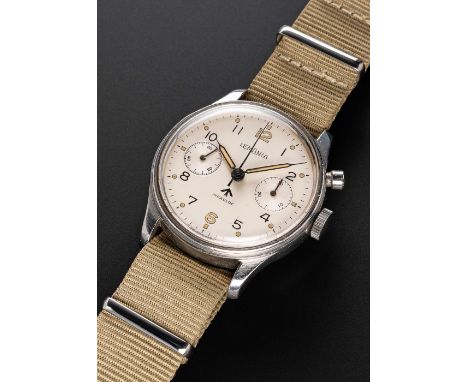 A RARE GENTLEMAN'S STAINLESS STEEL SOUTH AFRICAN AIR FORCE MILITARY LEMANIA SINGLE BUTTON PILOTS CHRONOGRAPH WRIST WATCHCIRCA