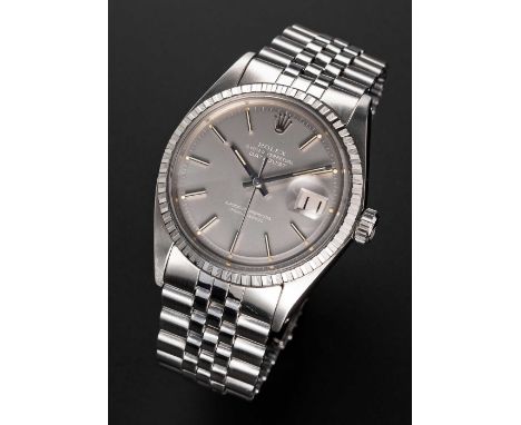 A GENTLEMAN'S STAINLESS STEEL ROLEX OYSTER PERPETUAL DATEJUST BRACELET WATCHCIRCA 1971, REF. 1603 WITH RARE GREY "GHOST" DIAL