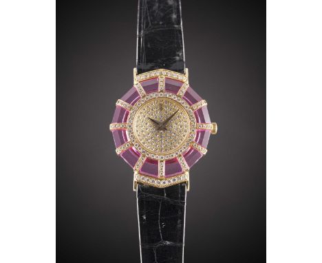 A LADIES 18K SOLID GOLD, DIAMOND & PINK CRYSTAL CORUM PRINCESS LIMELIGHT WRIST WATCHCIRCA 1990s, REF. 24.884.65 WITH ORIGINAL