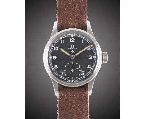 A GENTLEMAN'S STAINLESS STEEL BRITISH MILITARY OMEGA W.W.W. WRIST WATCHCIRCA 1945, PART OF THE "DIRTY DOZEN", WITH MOD DIAL &