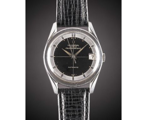 A GENTLEMAN'S STAINLESS STEEL UNIVERSAL GENEVE POLEROUTER DATE WRIST WATCHCIRCA 1965, REF. 869111/01 WITH GLOSS BLACK GILT CR