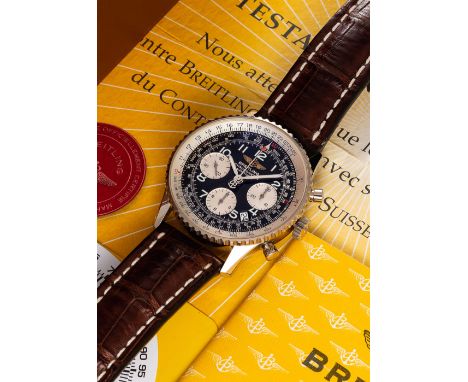 A GENTLEMAN'S 18K SOLID WHITE GOLD BREITLING CHRONOMETRE NAVITIMER CHRONOGRAPH WRIST WATCHDATED 2006, REF. J23322 WITH ORIGIN