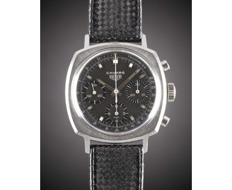 A GENTLEMAN'S STAINLESS STEEL HEUER CAMARO CHRONOGRAPH WRIST WATCHCIRCA 1970, REF. 7220NT WITH BROWN "CHOCOLATE" DIALMovement