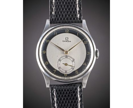 A RARE GENTLEMAN'S LARGE SIZE STAINLESS STEEL OMEGA WRIST WATCHCIRCA 1939, WITH SILVER & BLACK "BULLSEYE" DIALMovement: 15J, 