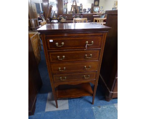 A String Inlaid Edwardian Mahogany Four Drawer Music Cabinet with Stretcher Shelf 