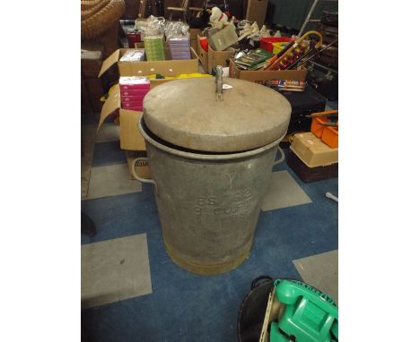 A Galvanized Iron Bin, Enamel Bin and Child's Telephones