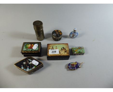 A Collection of Enamelled Boxes, Miniature Moon Flask, Elephant Ornament and Colgate Shaving Stick Tin