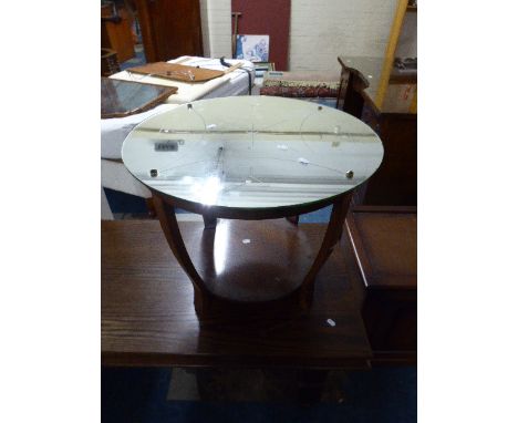 A 1920's Mirror Topped Circular Coffee Table with Etched Cocktail Glass Motif and Wooden Stretcher Shelf, 61cm Diameter