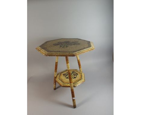 A Hand Painted with an Octagonal Tripod Table with Matching Stretcher Shelf Decorated with Pansies  