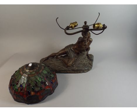 A Heavy Bronzed Spelter Figural Table Lamp in the Form of a Classical Soldier, Soldat Spartiate, with Replacement Tiffany Sty