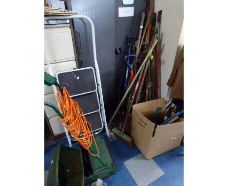 A Large Collection of Garden Tools, Oil Cans, Step Ladder, Electric Mower etc
