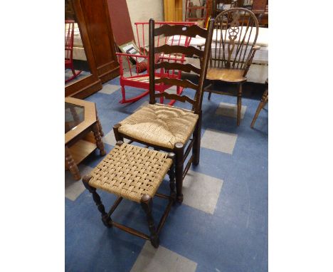 An Oak Rush Seated Ladder Back Dining Chair and a Rush Seated Stool 