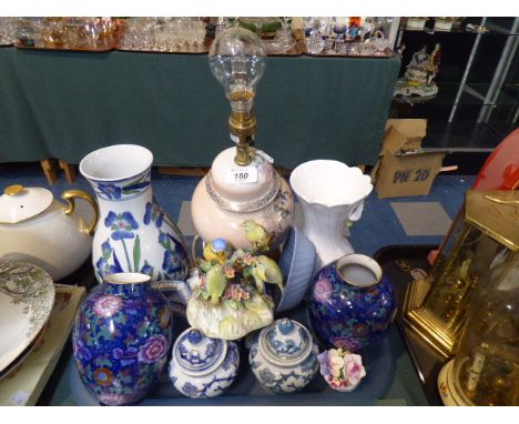 A Tray of Ceramics to include Wedgwood Jasperware, Floral Pattern Bowls, Ceramic Table Lamps, Royal Adderley Blue Tit Group  