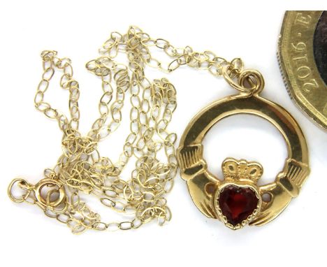 9ct gold and ruby set Claddagh pendant and chain, combined 1.6g. P&amp;P Group 1 (£14+VAT for the first lot and £1+VAT for su