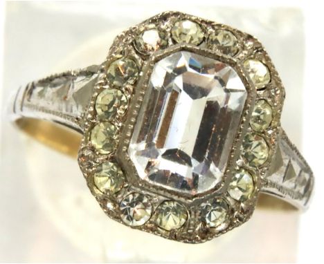 An Art Deco 9ct gold and silver stone set cluster dress ring, size M, 2.4g. P&amp;P Group 1 (£14+VAT for the first lot and £1