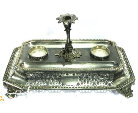 Silver plated partners desk stand with integral candlestick, 26 x 16 cm, lacking inkwells. P&amp;P Group 2 (£18+VAT for the f