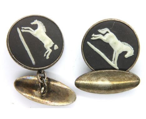 Pair of Wedgwood white over black basalt ceramic and hallmarked silver cufflinks. P&amp;P Group 1 (£14+VAT for the first lot 