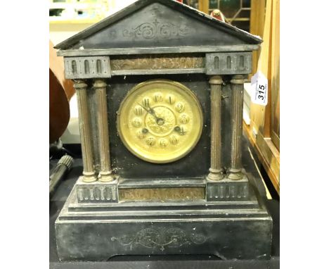 Victorian slate mantel clock, for restoration, H: 45 cm. Not available for in-house P&amp;P, contact Paul O'Hea at Mailboxes 