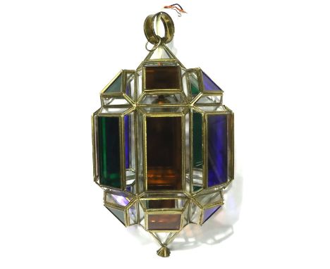 Middle Eastern brass and glass hanging lamp shade in multi colours, H: 41 cm. No visible damage or wear overall, glass looks 