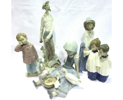 Five mixed figurines; two Lladro and three Nao, largest H: 30 cm. Not available for in-house P&amp;P, contact Paul O'Hea at M