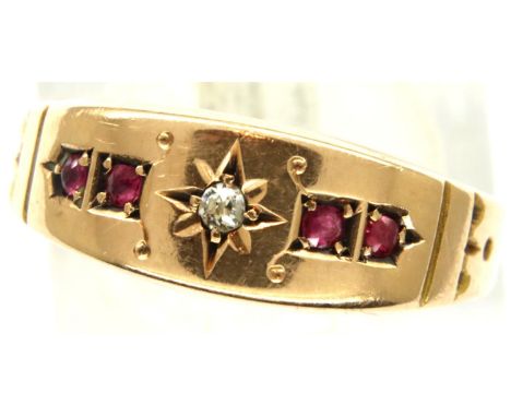 Victorian 15ct gold ruby and diamond set ring, size O, 1.6g (misshapen). P&amp;P Group 1 (£14+VAT for the first lot and £1+VA