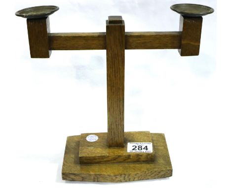 Oak Arts and Crafts twin candlestick, H: 25 cm. P&amp;P Group 2 (£18+VAT for the first lot and £3+VAT for subsequent lots) 