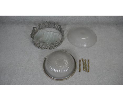 Two vintage frosted glass and metal ceiling pendant light fittings. Dia.50cm (Largest) 