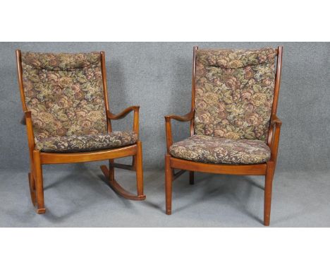 A vintage stained beech Parker Knoll easy armchair and the matching rocking chair. H.94cm 