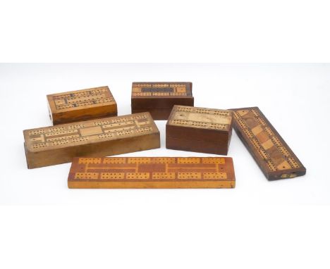 A collection of six vintage inlaid cribbage boards. 