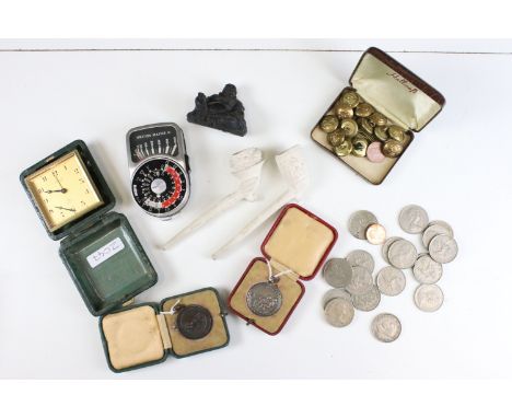 Assorted collectables to include a silver Royal Life Saving Society medal, a bronze example,  two clay pipes, Imhof travel cl