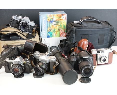 Quantity of cameras, accessories and lenses to include Canon EOS 700D in carry bag together with Kodak, Zenit-B, Pentax ME Su