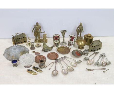 Selection of brass to include blacksmith ornament, decorative irons, fruit bowl, footed bowl, knight, JS&amp;S hammered flask