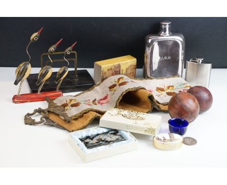 Mixed collectables including large Goldsmiths &amp; Silversmiths silver plate hip flask, Art Deco stationery rack on slate ba