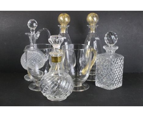Selection of glass to include Waterford crystal claret decanter with handle on footed base, Otard cognac decanter, two ovoid 