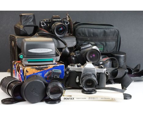 Group of three Pentax 35mm SLR cameras, featuring Pentax LX, Pentax Sportsmatic SPII, Pentax SF7 together with 50mm f/1.4 35m