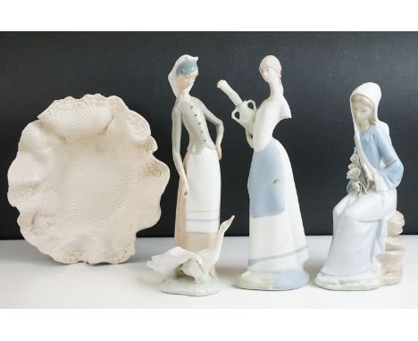 Lladro girl with geese figurine, H 27cm, girl with lilies, H 23cm together with a bisque Pales girl with water carrier figuri