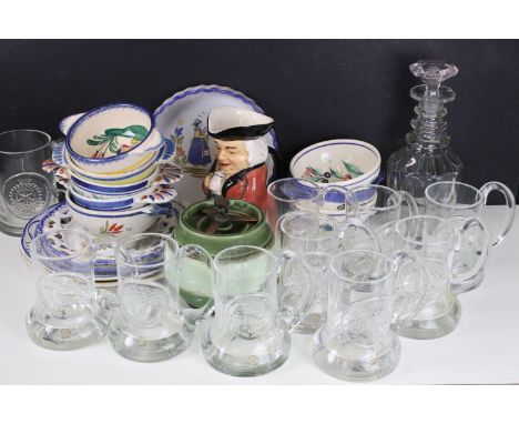 Large collection of commemorative flat bottom glass tankard mugs to include Dartington crystal examples, glass decanter, vint