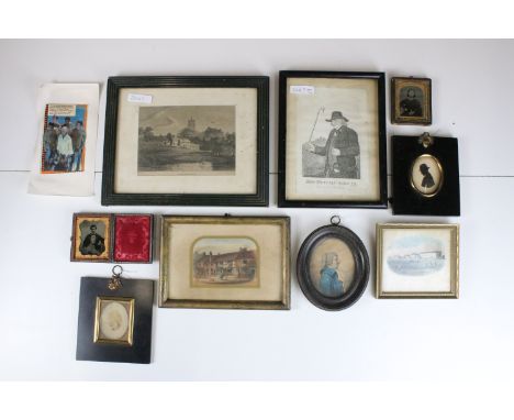 Assortment of 19th century pictures to include silhouette, water colour portrait on paper, photographs and etchings, etc