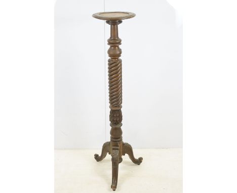 Carved pedestal torchere pillar with barley twist column, leaf detail and scroll tripod legs, H 136cm