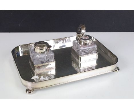 Barker Ellis silver plated footed writing tray with glass inkwells, each inkwell engraved to top with a letter 'K'