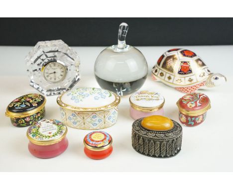Waterford crystal octagonal desk clock together with a Royal Crown Derby Imari pattern tortoise paperweight with gold stopper