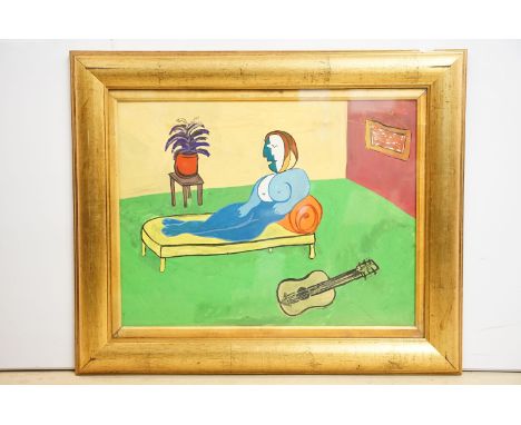 Modernist portrait of woman on a couch in an interior, watercolour / gouache, 39 x 50cm, framed