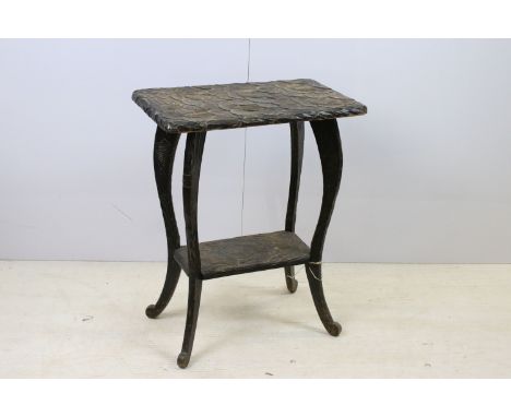 Early 20th century Japanese hand carved floral side table on carved cabriolet legs with carved lower shelf, H 70cm, W 56cm, D