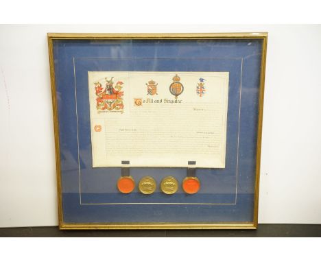 From the Reign of George V, dated 1922, manuscript with pendant wax seals and heraldic seal cases relating to renowned surgeo