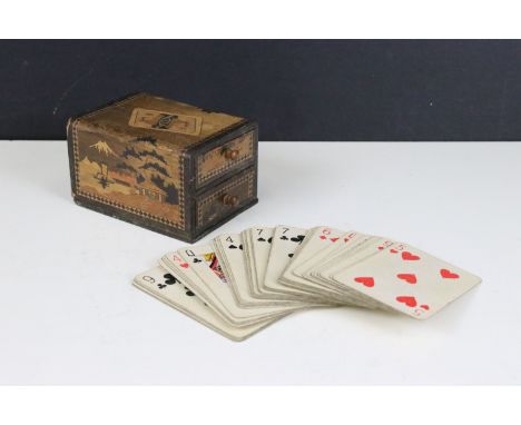 Early 20th century Japanese wooden marquetry inlaid twin drawer playing card box, decorated with a playing card and scenes of